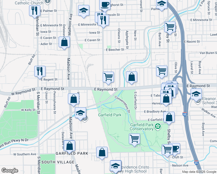 map of restaurants, bars, coffee shops, grocery stores, and more near 2155 Singleton Street in Indianapolis