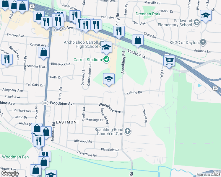 map of restaurants, bars, coffee shops, grocery stores, and more near 1480 Edendale Road in Dayton