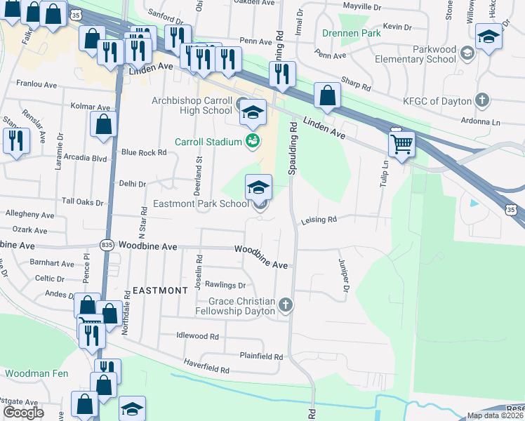 map of restaurants, bars, coffee shops, grocery stores, and more near 1480 Edendale Road in Dayton