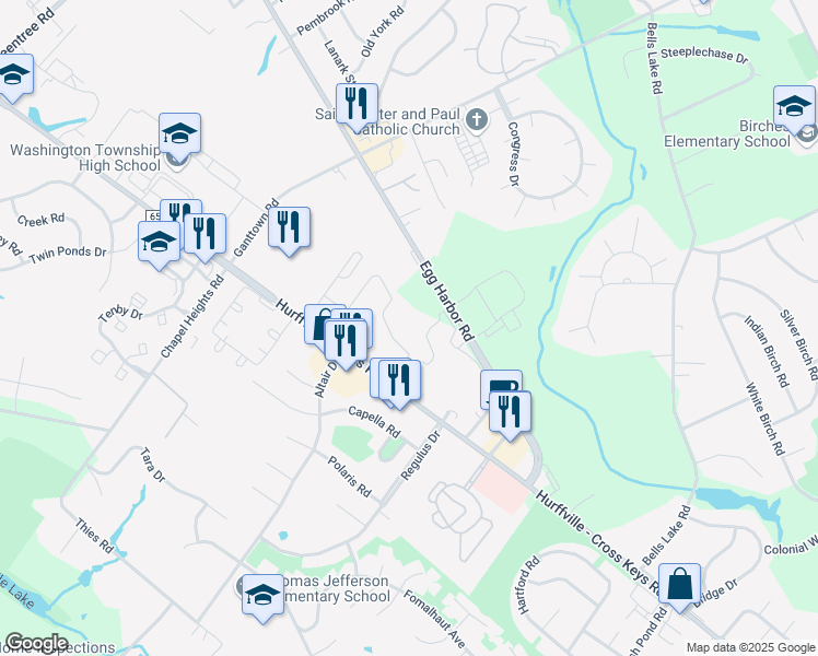 map of restaurants, bars, coffee shops, grocery stores, and more near 535 Egg Harbor Road in Washington Township