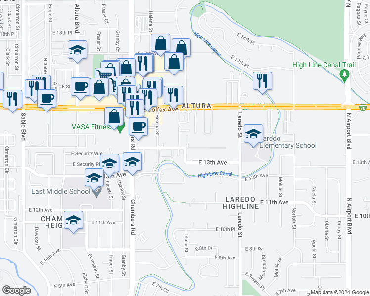 map of restaurants, bars, coffee shops, grocery stores, and more near 15571 East 13th Place in Aurora