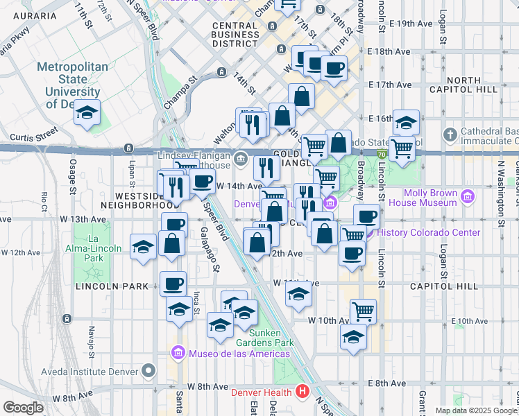 map of restaurants, bars, coffee shops, grocery stores, and more near 1350 Elati Street in Denver