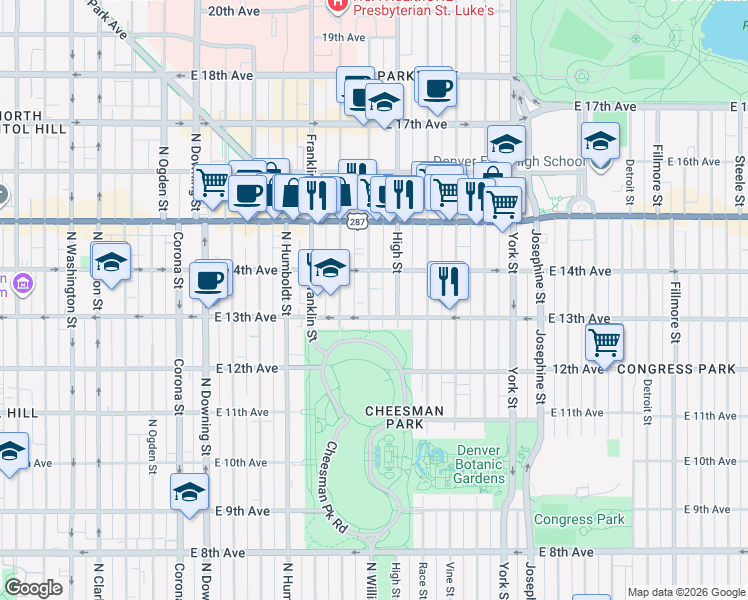 map of restaurants, bars, coffee shops, grocery stores, and more near 1368 North Williams Street in Denver