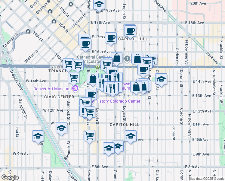map of restaurants, bars, coffee shops, grocery stores, and more near 1370 Grant Street in Denver