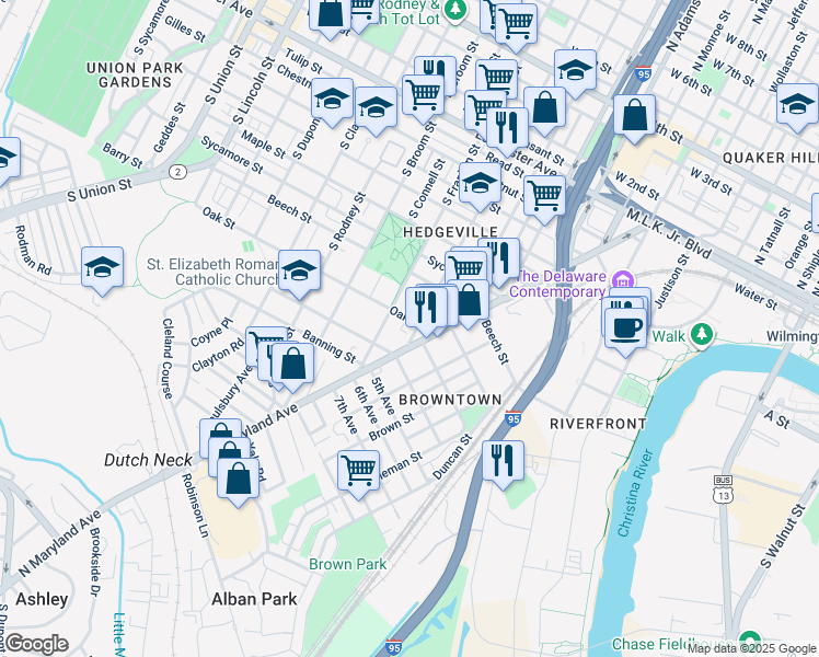 map of restaurants, bars, coffee shops, grocery stores, and more near 801 South Harrison Street in Wilmington