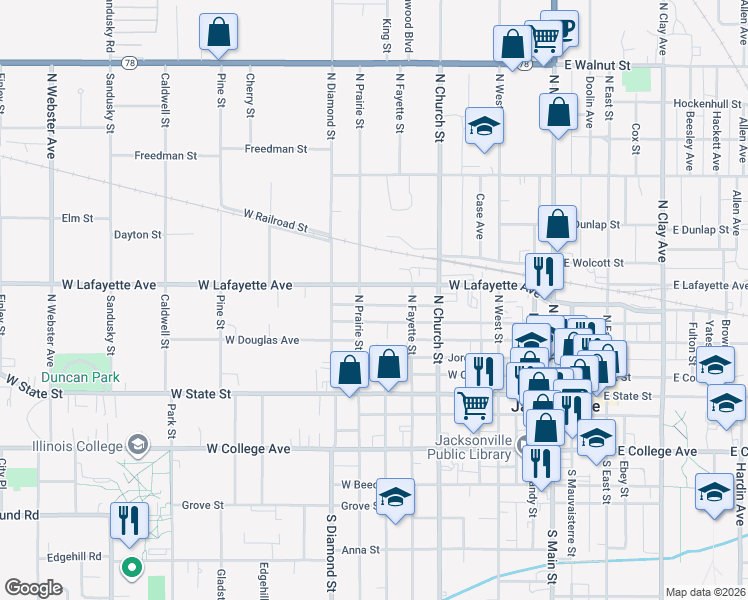map of restaurants, bars, coffee shops, grocery stores, and more near 500-598 W Lafayette Ave in Jacksonville