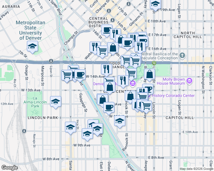 map of restaurants, bars, coffee shops, grocery stores, and more near 1371 Cherokee Street in Denver