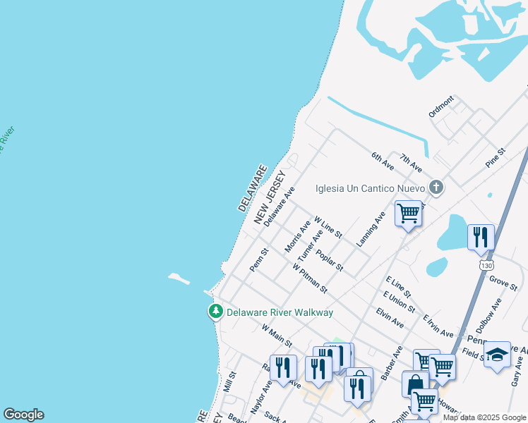 map of restaurants, bars, coffee shops, grocery stores, and more near 102 Delaware Avenue in Penns Grove