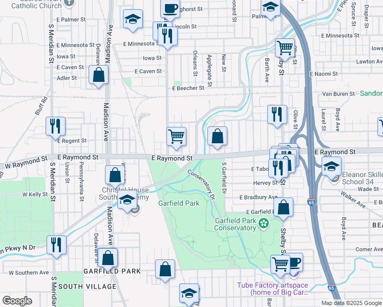 map of restaurants, bars, coffee shops, grocery stores, and more near 622 East Raymond Street in Indianapolis