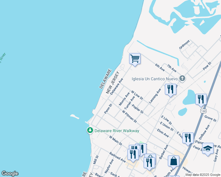 map of restaurants, bars, coffee shops, grocery stores, and more near 102 Delaware Avenue in Penns Grove