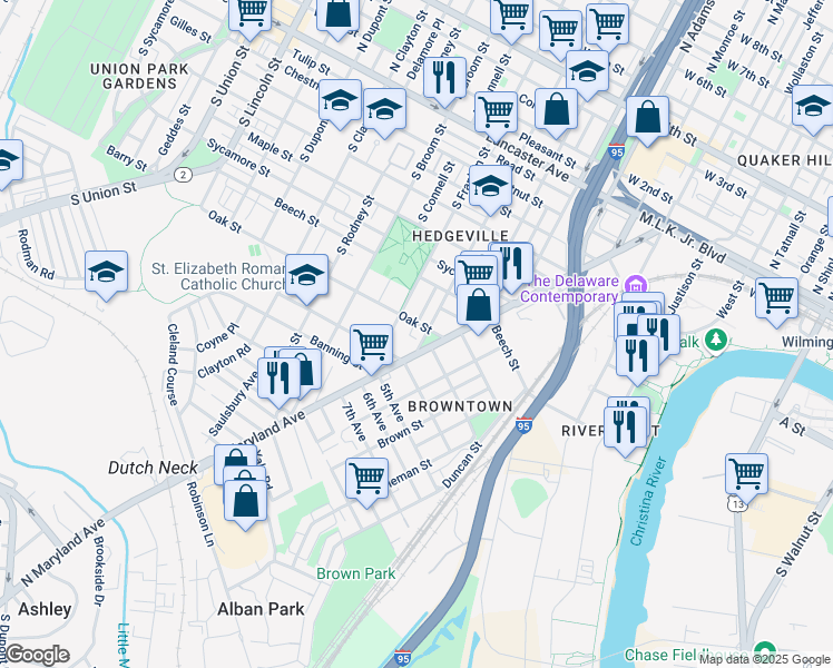 map of restaurants, bars, coffee shops, grocery stores, and more near 801 South Harrison Street in Wilmington