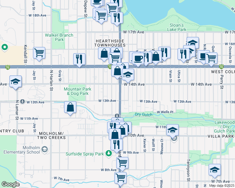 map of restaurants, bars, coffee shops, grocery stores, and more near in Lakewood