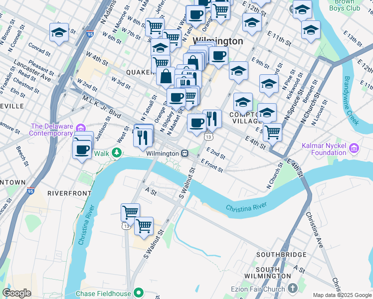map of restaurants, bars, coffee shops, grocery stores, and more near East Front Street & French Street in Wilmington