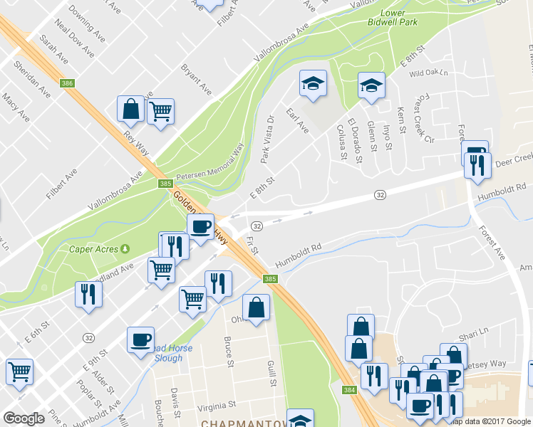 map of restaurants, bars, coffee shops, grocery stores, and more near Deer Creek Hwy in Chico