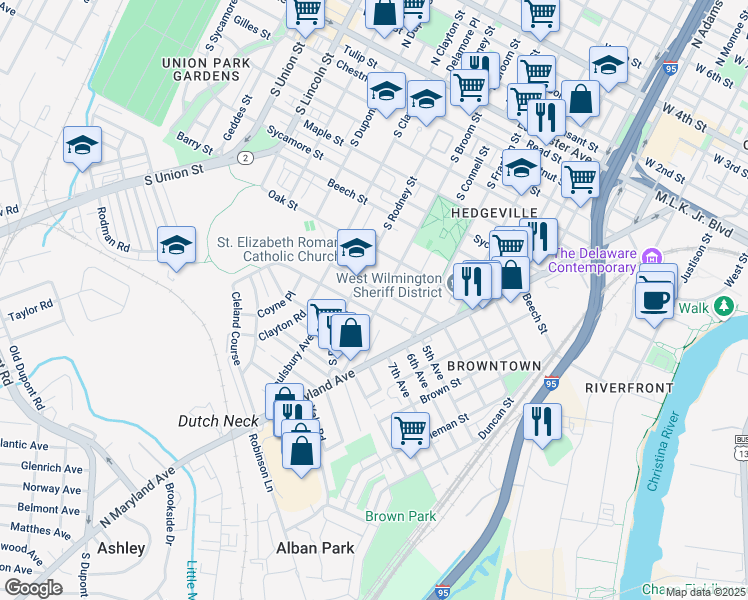 map of restaurants, bars, coffee shops, grocery stores, and more near 824 South Broom Street in Wilmington