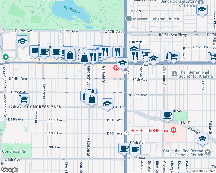 map of restaurants, bars, coffee shops, grocery stores, and more near 1373 Jackson Street in Denver