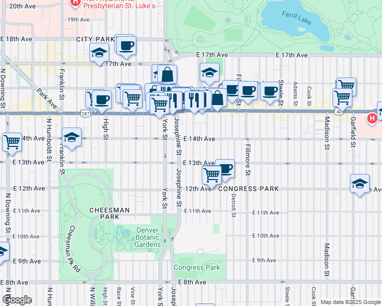 map of restaurants, bars, coffee shops, grocery stores, and more near 1369 Columbine Street in Denver