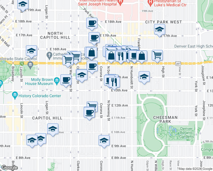 map of restaurants, bars, coffee shops, grocery stores, and more near 1331 Downing Street in Denver