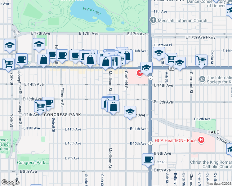 map of restaurants, bars, coffee shops, grocery stores, and more near 1335 Monroe Street in Denver