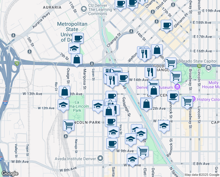 map of restaurants, bars, coffee shops, grocery stores, and more near 1391 Speer Boulevard in Denver