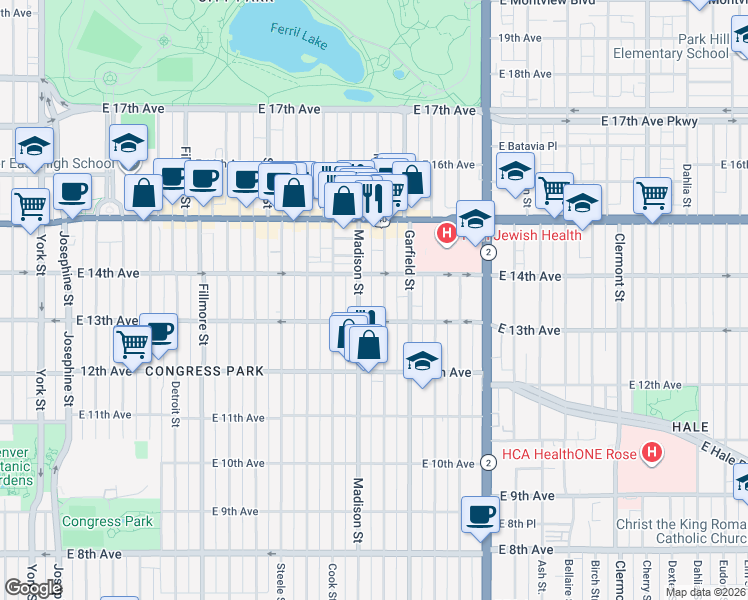 map of restaurants, bars, coffee shops, grocery stores, and more near 1364 Madison Street in Denver