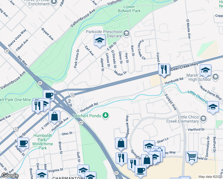 map of restaurants, bars, coffee shops, grocery stores, and more near 1660 Humboldt Road in Chico