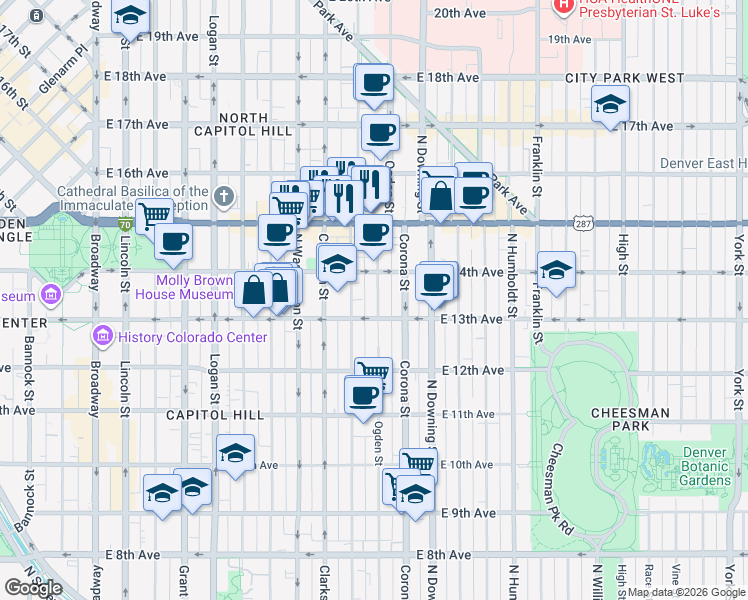 map of restaurants, bars, coffee shops, grocery stores, and more near 700 Colorado Boulevard in Denver
