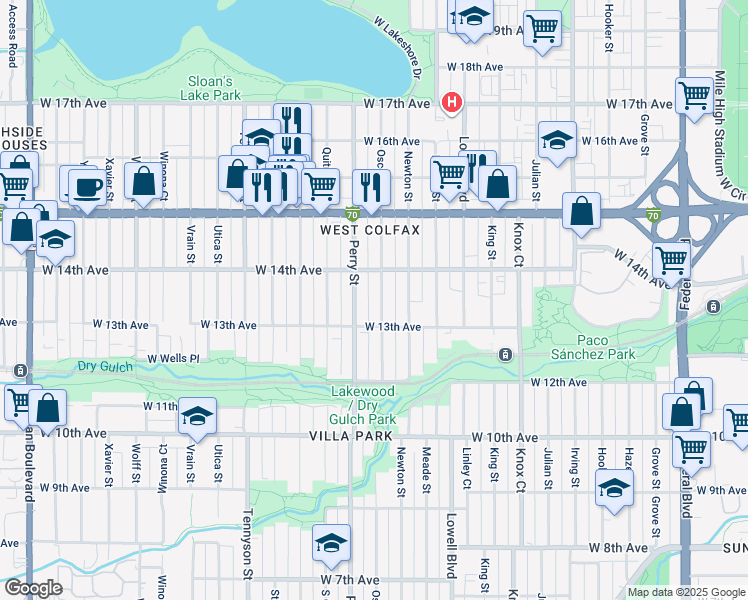 map of restaurants, bars, coffee shops, grocery stores, and more near 1374 Perry Street in Denver