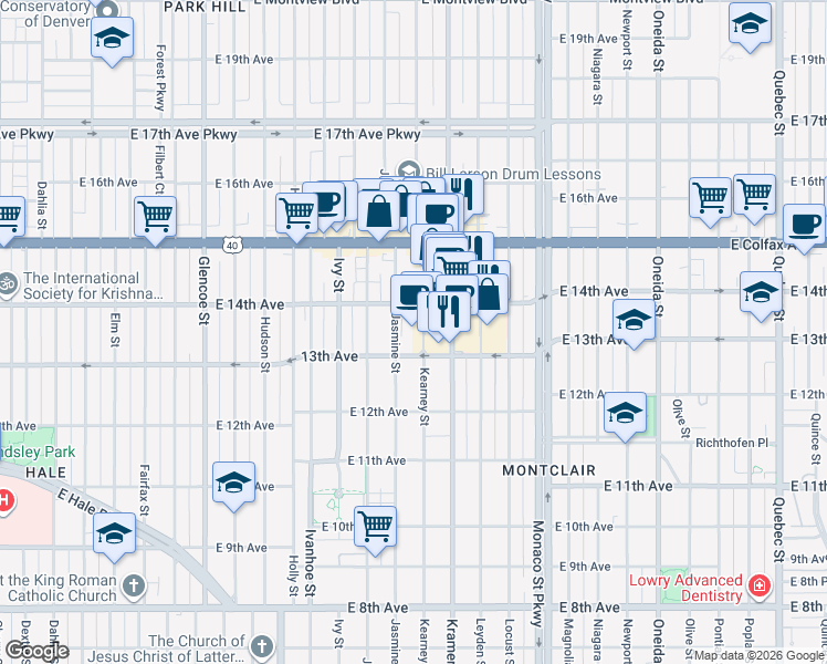 map of restaurants, bars, coffee shops, grocery stores, and more near 1355 Krameria Street in Denver