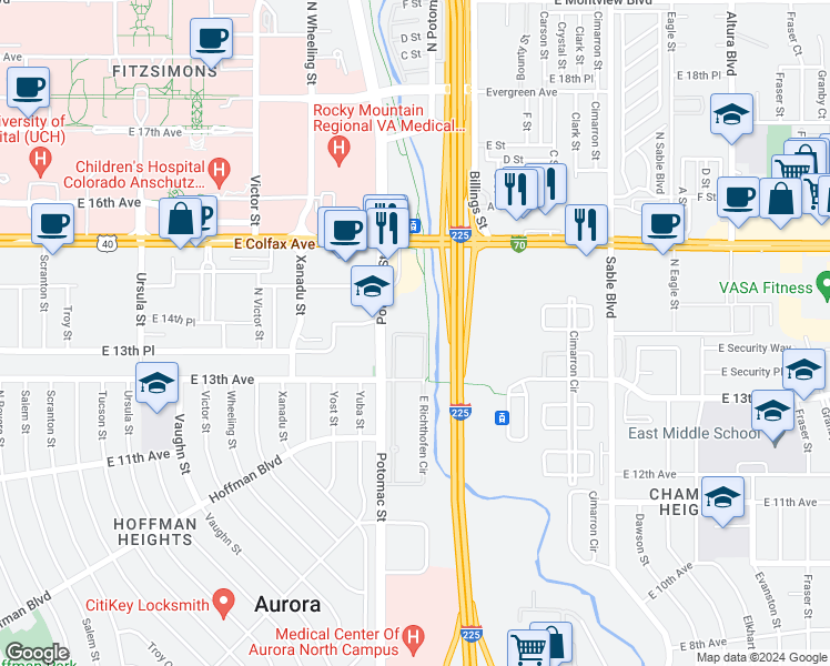 map of restaurants, bars, coffee shops, grocery stores, and more near 13711 East Richthofen Circle in Aurora