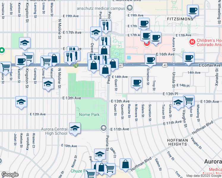 map of restaurants, bars, coffee shops, grocery stores, and more near 1350 Peoria Street in Aurora