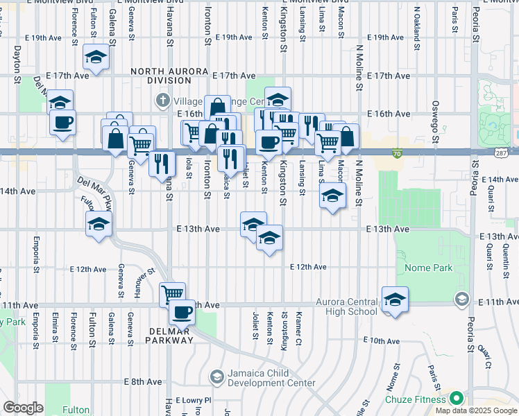 map of restaurants, bars, coffee shops, grocery stores, and more near 10950 East 14th Avenue in Aurora