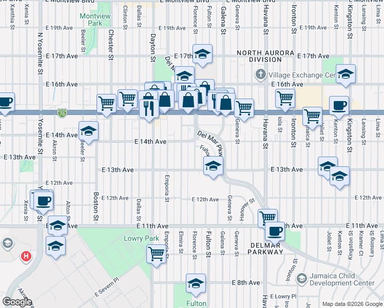 map of restaurants, bars, coffee shops, grocery stores, and more near 1364 Elmira Street in Aurora