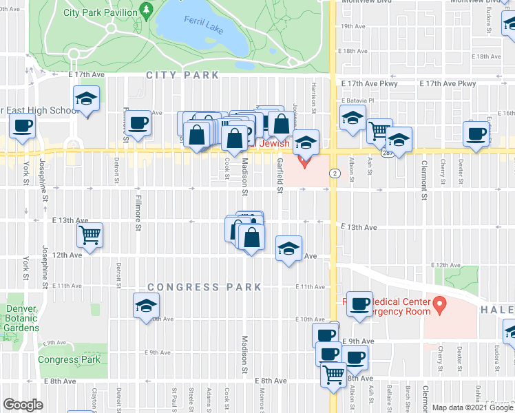 map of restaurants, bars, coffee shops, grocery stores, and more near 1364 Madison Street in Denver