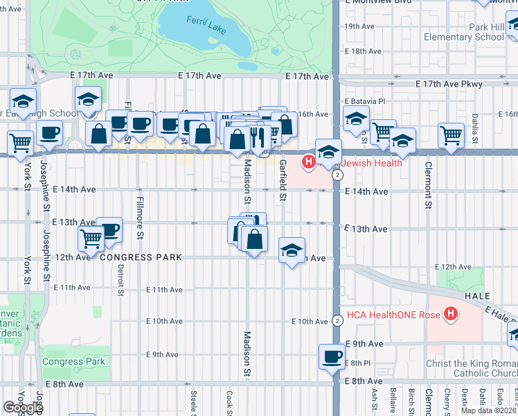 map of restaurants, bars, coffee shops, grocery stores, and more near 1364 Madison Street in Denver