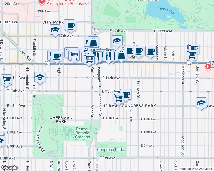 map of restaurants, bars, coffee shops, grocery stores, and more near 1369 Columbine Street in Denver