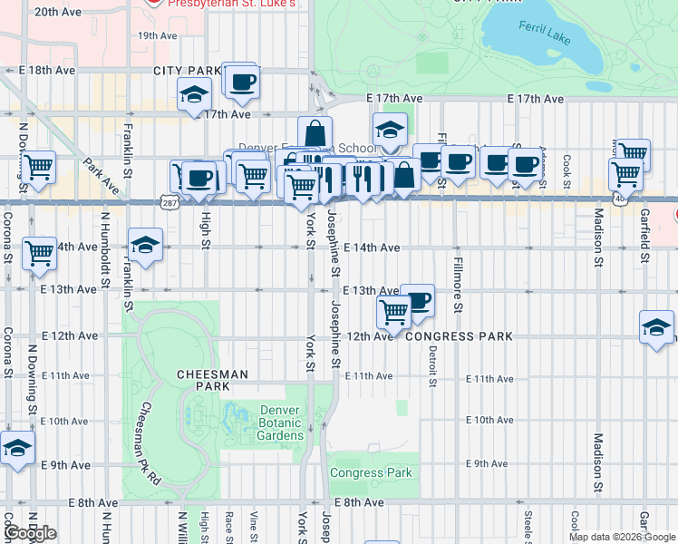 map of restaurants, bars, coffee shops, grocery stores, and more near in Denver