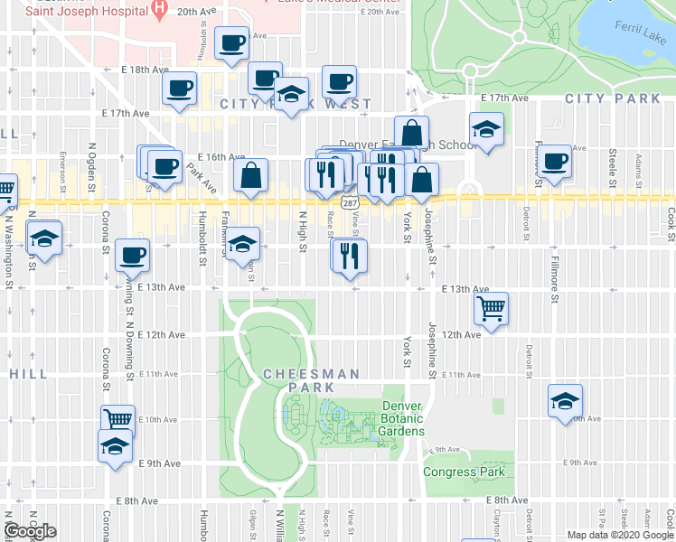 map of restaurants, bars, coffee shops, grocery stores, and more near in Denver