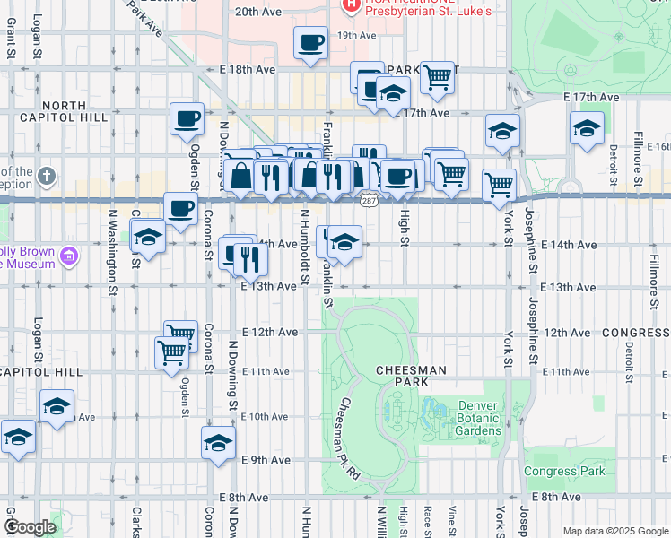 map of restaurants, bars, coffee shops, grocery stores, and more near 1328 Franklin Street in Denver