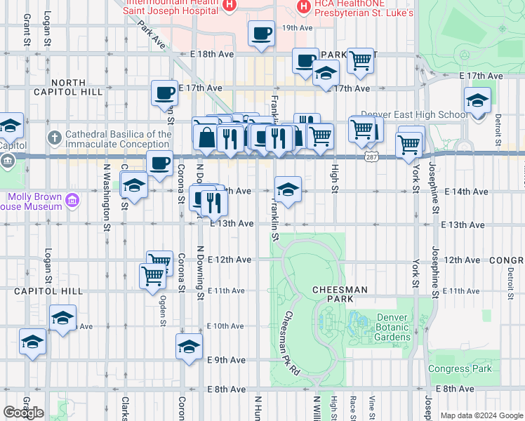 map of restaurants, bars, coffee shops, grocery stores, and more near in Denver