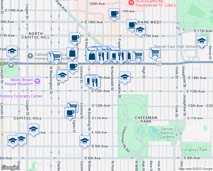 map of restaurants, bars, coffee shops, grocery stores, and more near 1359 Humboldt Street in Denver