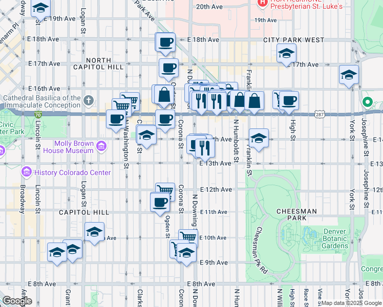 map of restaurants, bars, coffee shops, grocery stores, and more near 1356 North Downing Street in Denver