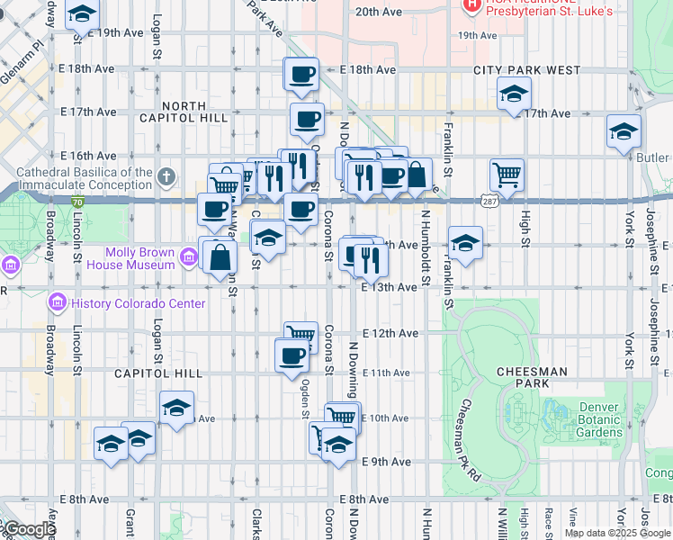 map of restaurants, bars, coffee shops, grocery stores, and more near 1365 Corona Street in Denver
