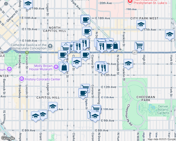map of restaurants, bars, coffee shops, grocery stores, and more near 1365 Corona Street in Denver