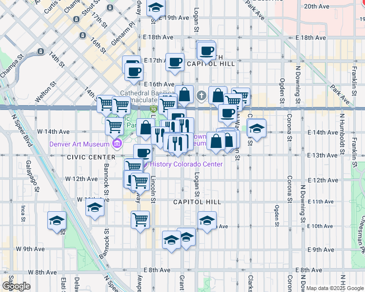 map of restaurants, bars, coffee shops, grocery stores, and more near 1370 Grant Street in Denver