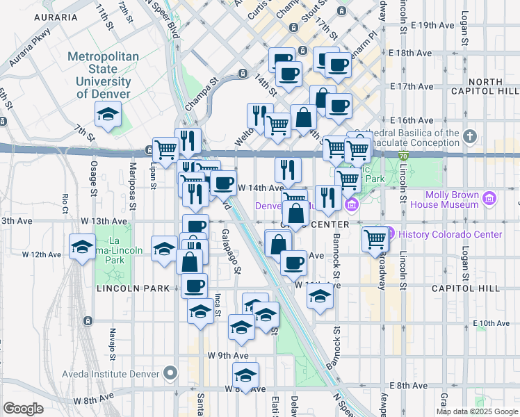 map of restaurants, bars, coffee shops, grocery stores, and more near 1357 Fox Street in Denver