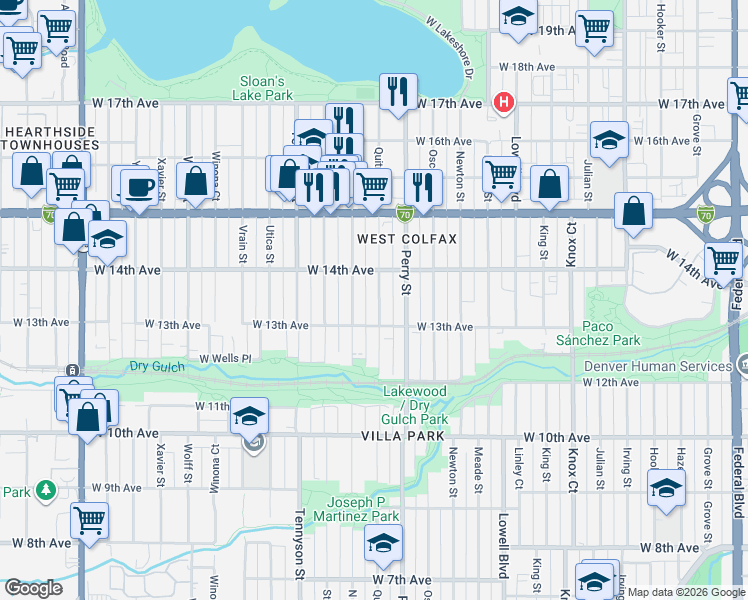map of restaurants, bars, coffee shops, grocery stores, and more near 1365 Quitman Street in Denver