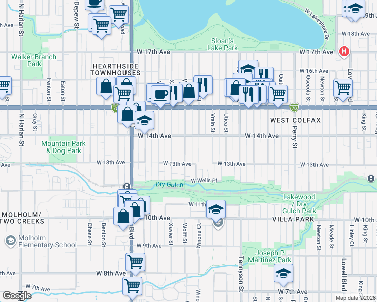 map of restaurants, bars, coffee shops, grocery stores, and more near 1381 Winona Court in Denver