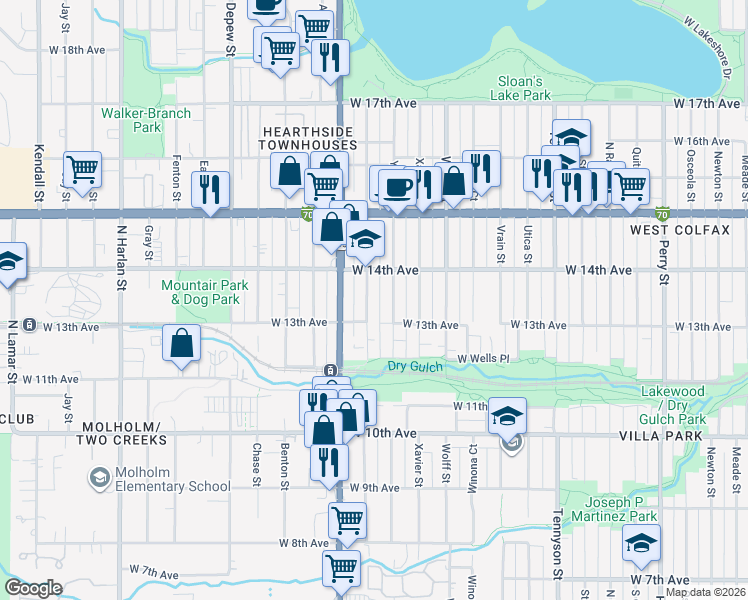 map of restaurants, bars, coffee shops, grocery stores, and more near 1375 Zenobia Street in Denver