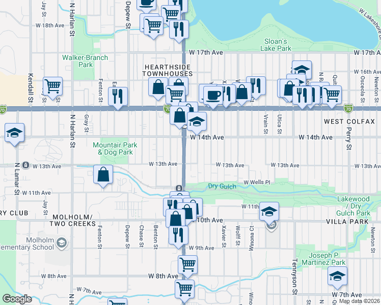 map of restaurants, bars, coffee shops, grocery stores, and more near 1375 Zenobia Street in Denver